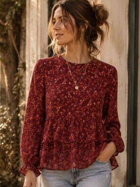 Altar'd State Burgundy Floral Tiered Peplum Boho Blouse L EUC